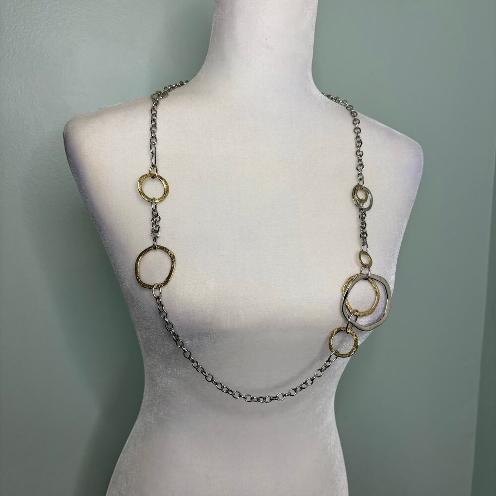 Premier Designs Gold, Silver Tone Long Chain Necklace Large Hammered Rings